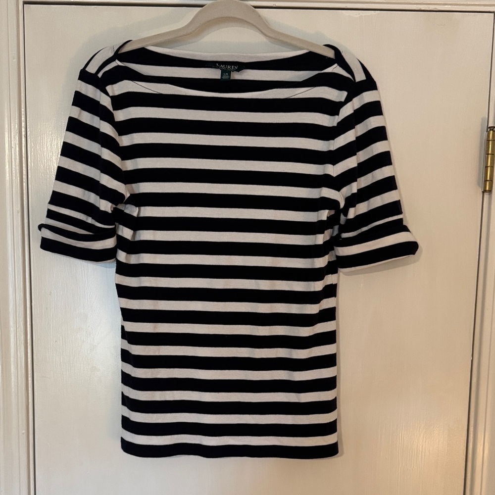 Lauren Ralph Lauren Navy and White Striped Boatneck Top